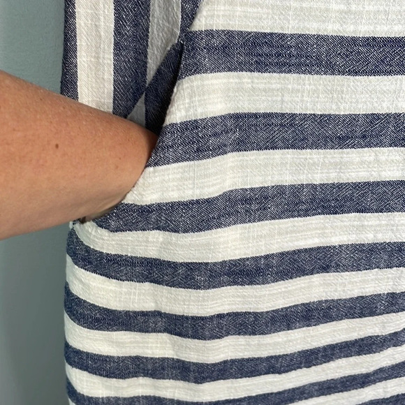 KENAR Linen Blend Striped Mini Dress Blue Oatmeal Cutouts Pockets Coastal Size M - Picture 5 of 11